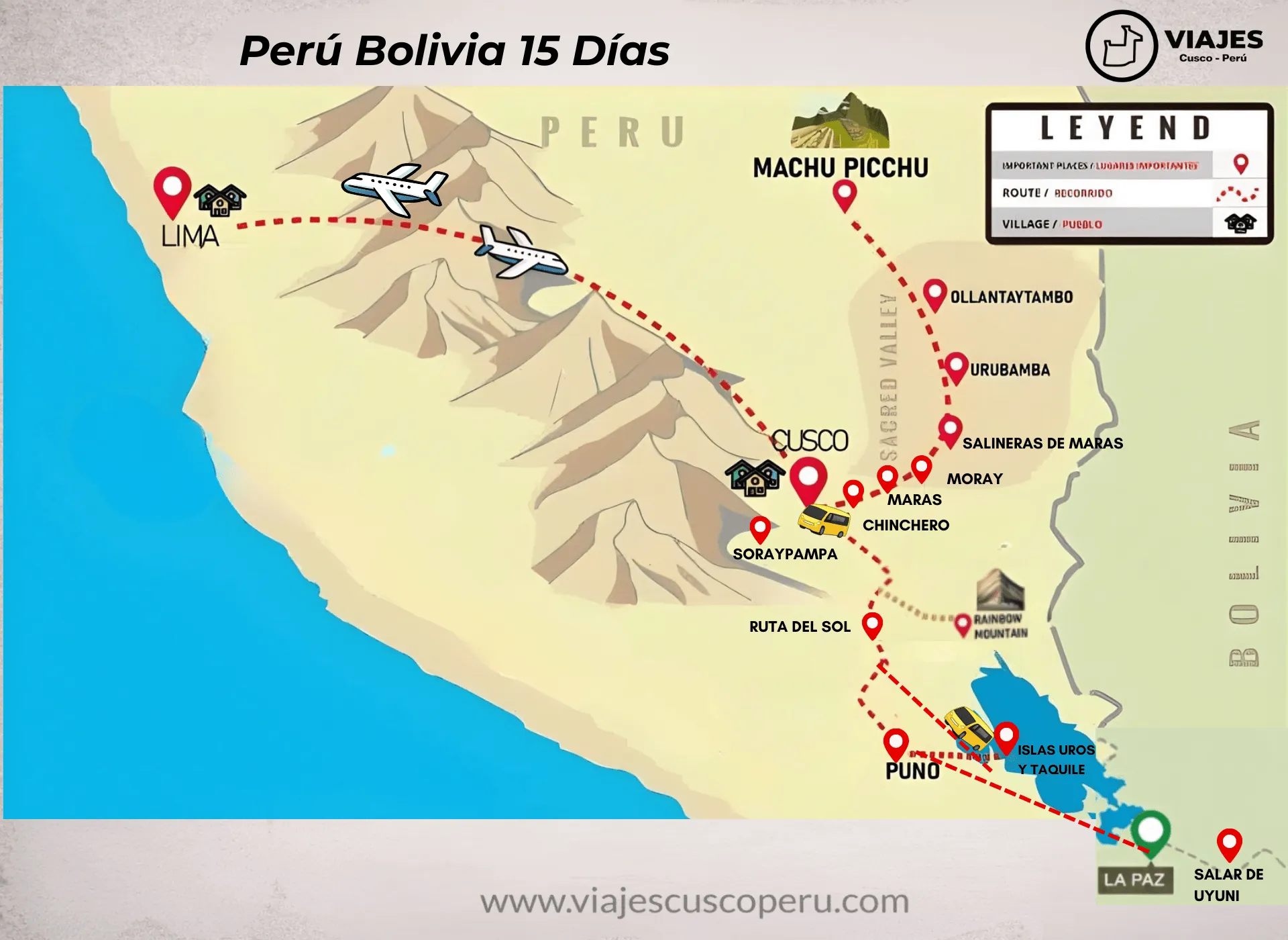 Mapa da rota de Peru Bolívia 15 Dias