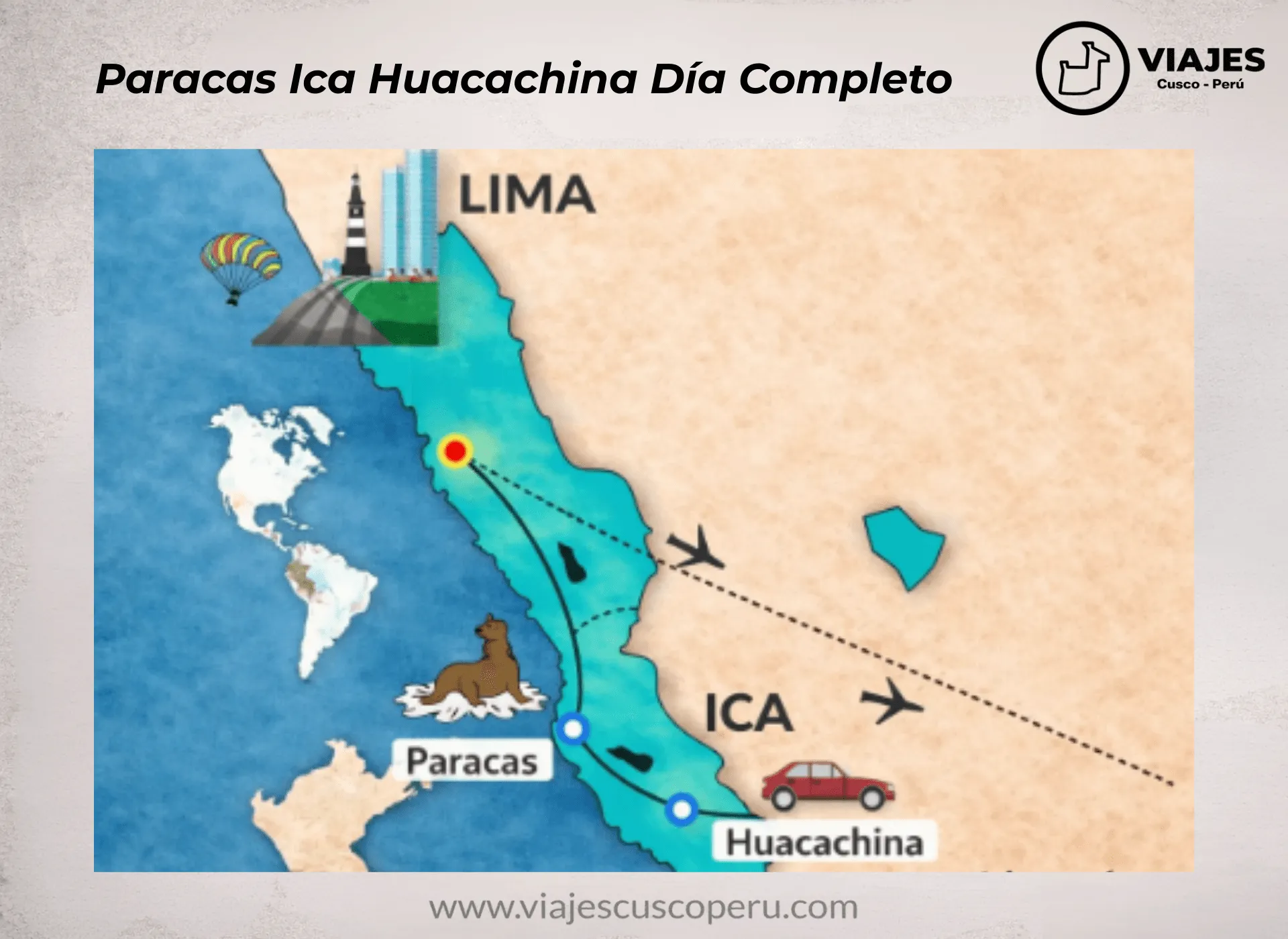 Mapa da rota de Paracas, Ica, Huacachina, Dia Completo