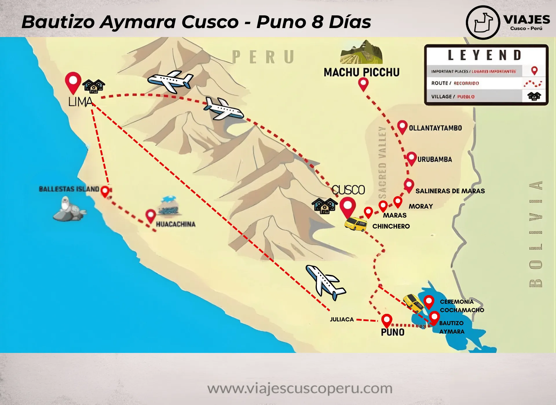 Mapa de la ruta de Bautizo Aymara Lima - Cusco - Puno 8 Días
