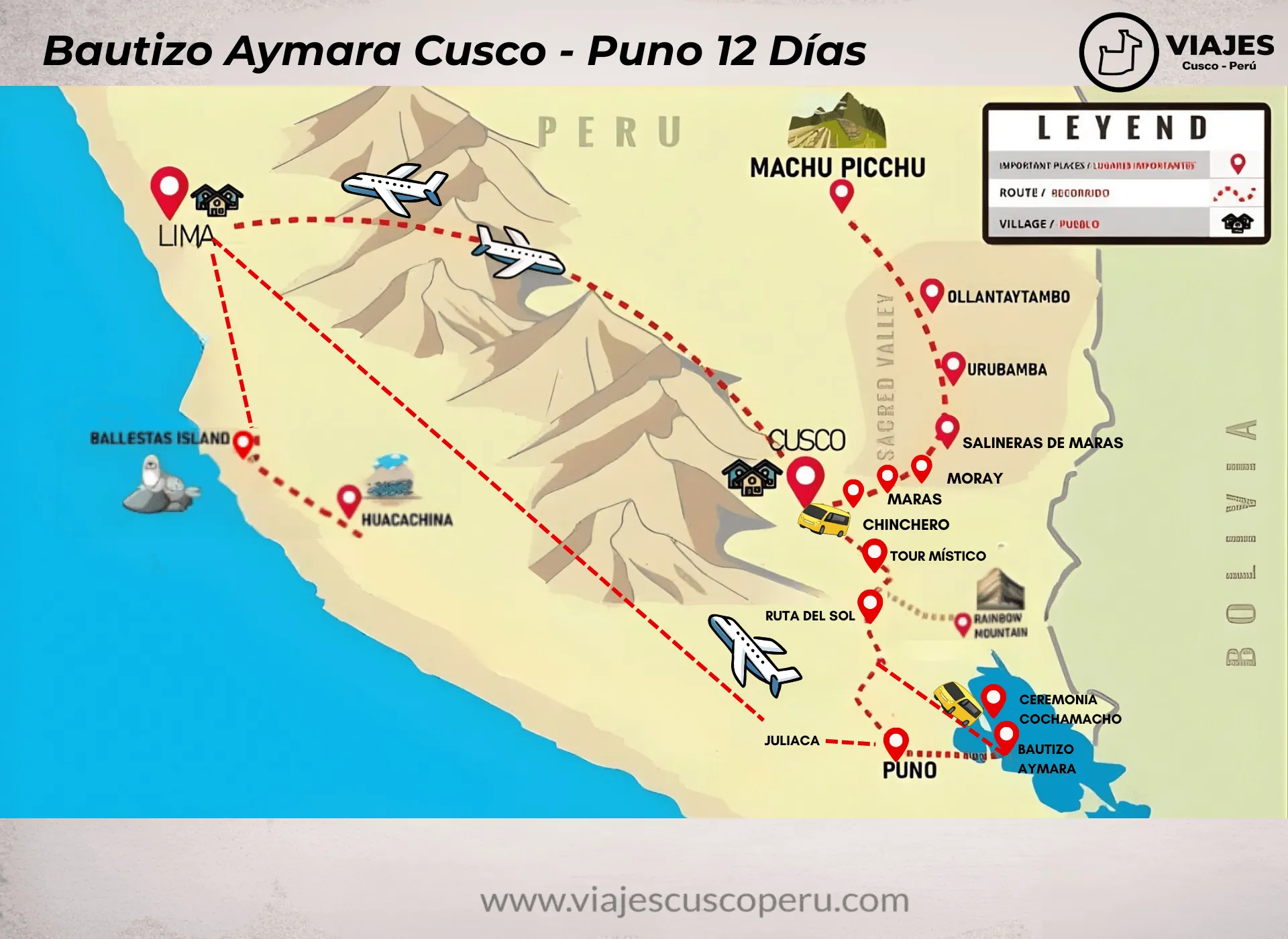 Mapa da rota de Bautismo Aymara Completo 12 Dias